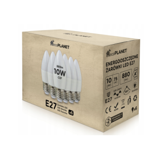 6x LED žiarovka - ecoPLANET - E27 - 10W - sviečka - 880Lm - teplá biela