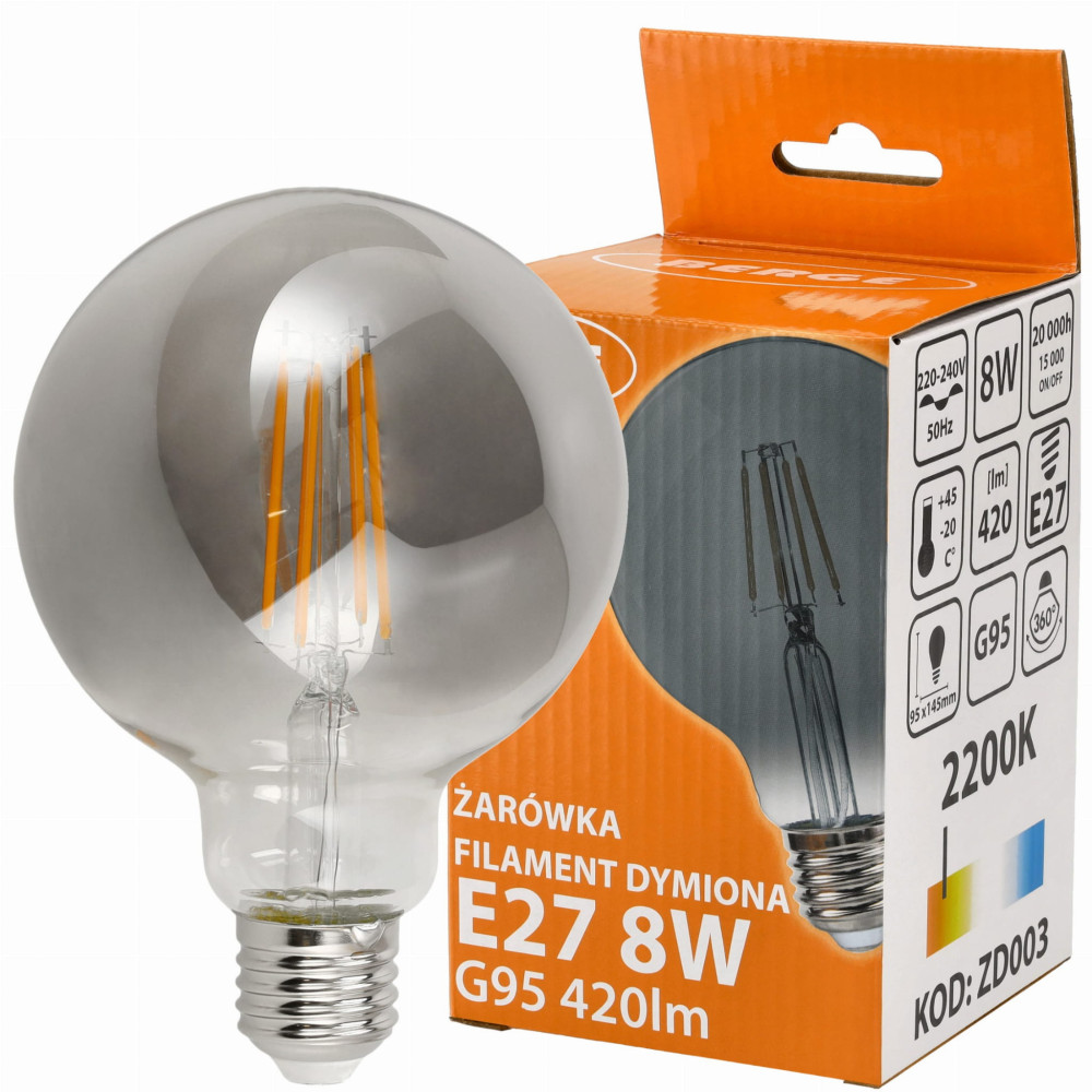 LED žiarovka G95 - E27 - 8W - FILAMENT - dymová - teplá biela