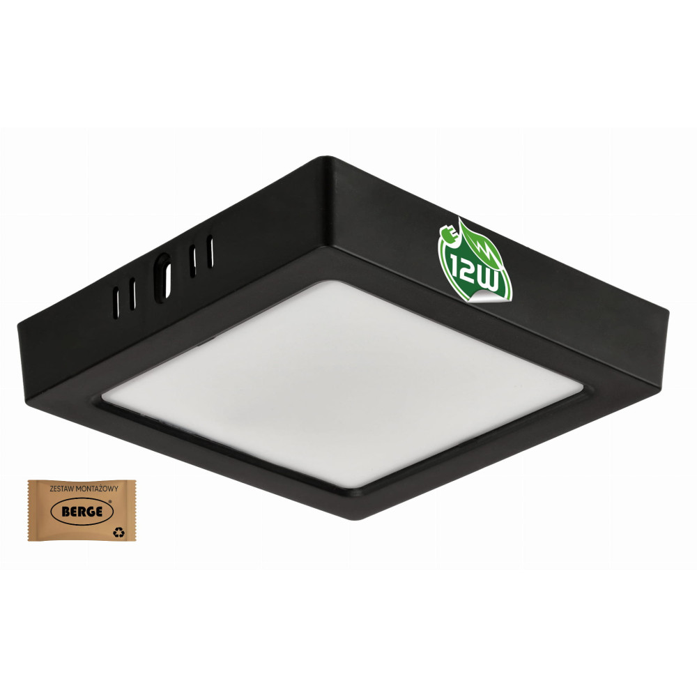 Štvorcový LED panel prisadený - čierny - 12W - PC - neutrálna biela