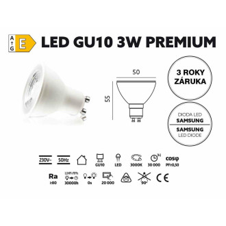 Žiarovka LED 3W GU10 3000K 230V PREMIUM