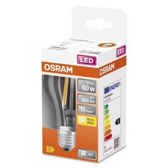 LED žiarovka E27 A60 CL 6,5W  60W 806lm 2700K Warm 300° Filament OSRAM STAR