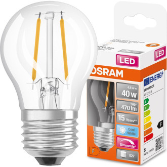 LED žiarovka E27 P45 CL 4,8W  40W 470lm 4000K Neutrálne 320° Stmievateľné vlákno OSRAM SUPER STAR