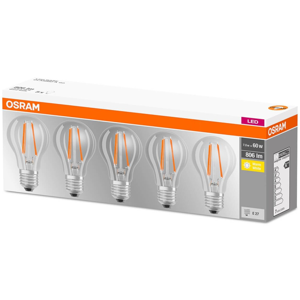 5PAK LED žiarovka E27 A60 7W  60W 806lm 2700K Warm 300° Filament OSRAM