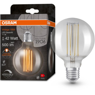 Dekoratívna LED žiarovka E27 G95 11W  42W 500lm 1800K Warm 320° Filament Dimmable OSRAM Vintage 1906