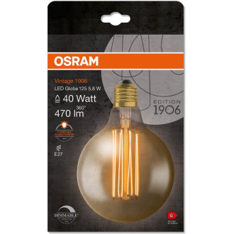 Dekoratívna LED žiarovka E27 G125 5,8W  40W 470lm 2200K Warm 320° Filament Dimmable OSRAM Vintage 1906