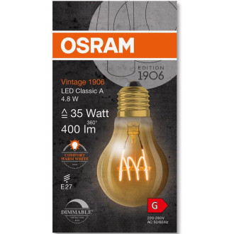 Dekoratívna LED žiarovka E27 A60 4,8W  35W 400lm 2200K Warm 320° Filament Dimmable OSRAM Vintage 1906