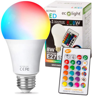 LED žiarovka E27 - 8W - RGB+NW + diaľkový ovládač