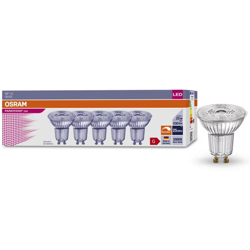 5PAK LED žiarovka GU10 3,4W  35W 230lm 3000K Warm 36° CRI97 DIMMABLE OSRAM Parathom