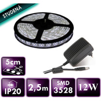 LED pásik - SMD 2835 - 2,5m - 60LED/m - 12W - studená biela - IP20 - zdroj SADA