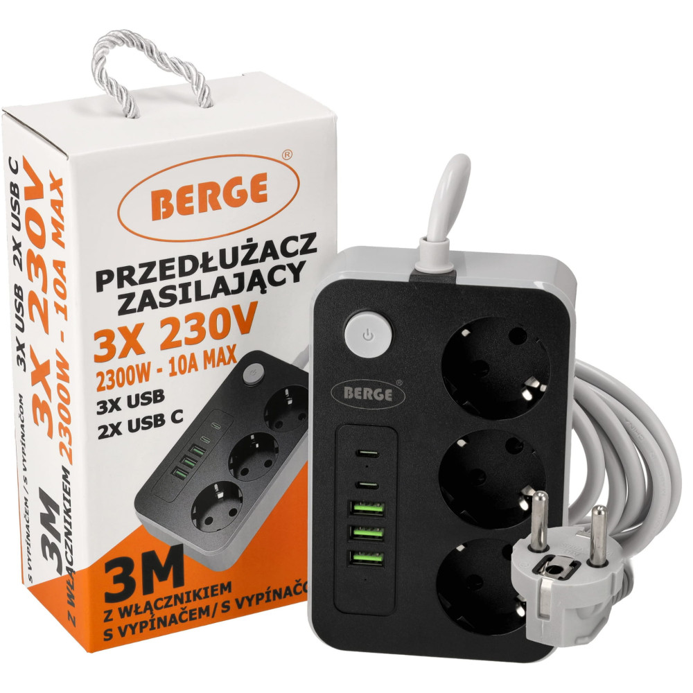 Predlžovací kábel - 3 m - 3 zásuvky + USB