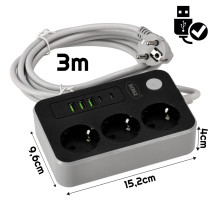 Predlžovací kábel - 3 m - 3 zásuvky + USB