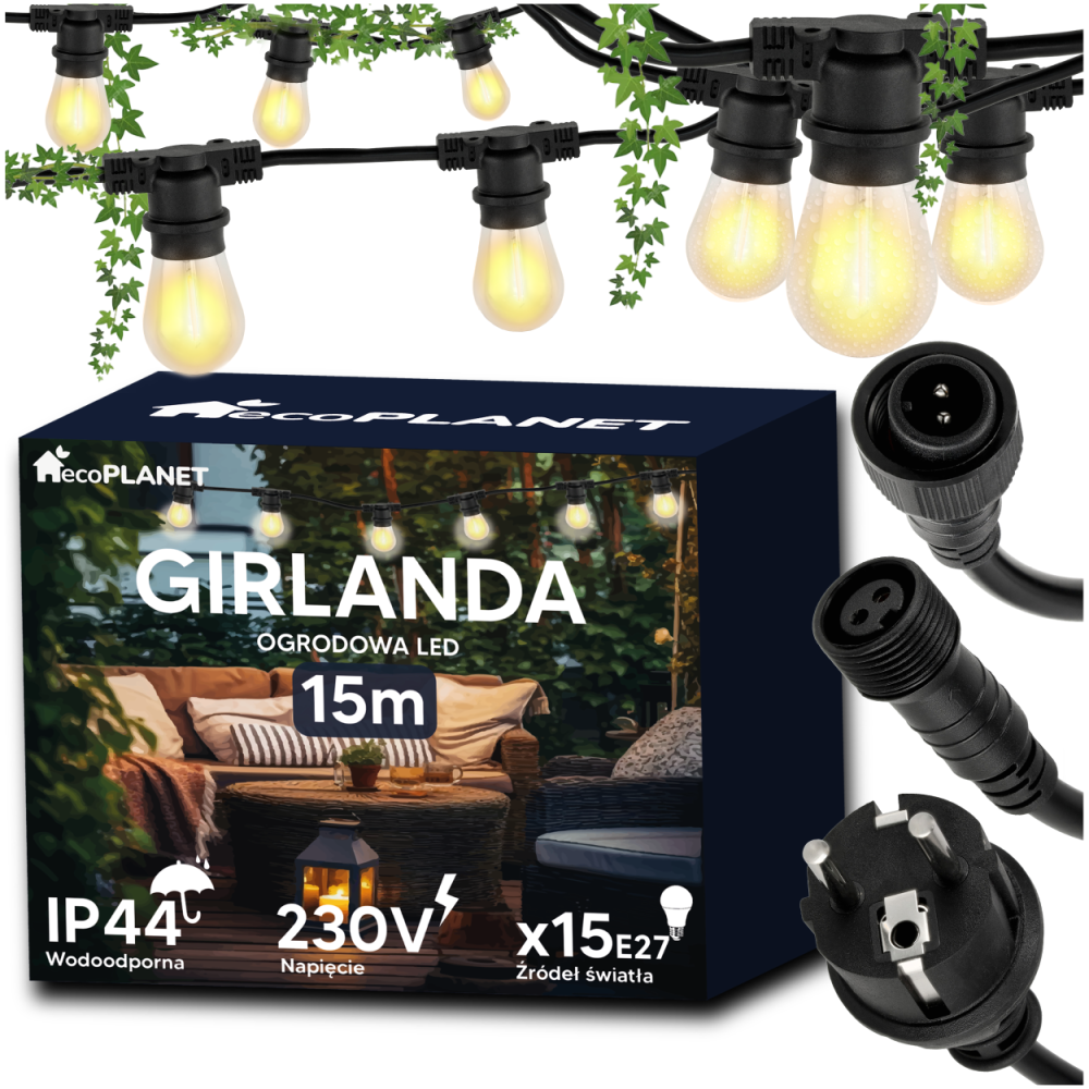 Záhradná girlanda 15m + 16x 1W LED žiarovka