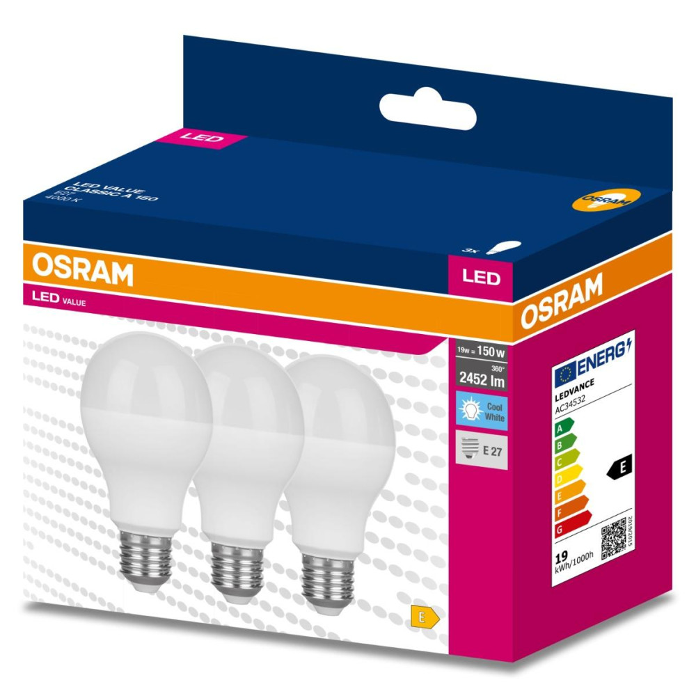 3PAK LED žiarovka E27 A60 19W  150W 2452lm 4000K Neutral 200° OSRAM VALUE