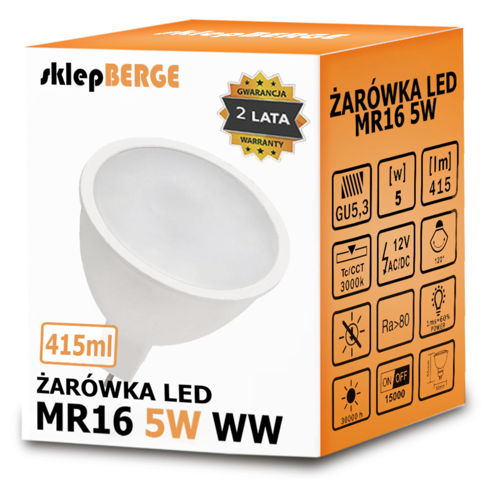 LED žiarovka 12V - MR16 - 5W - 415 lm - teplá biela