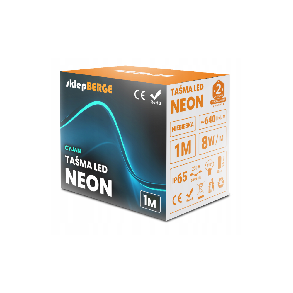 LED pásik NEON - 230V - 1m - 8W/m - IP68 - vodotesný - cyan