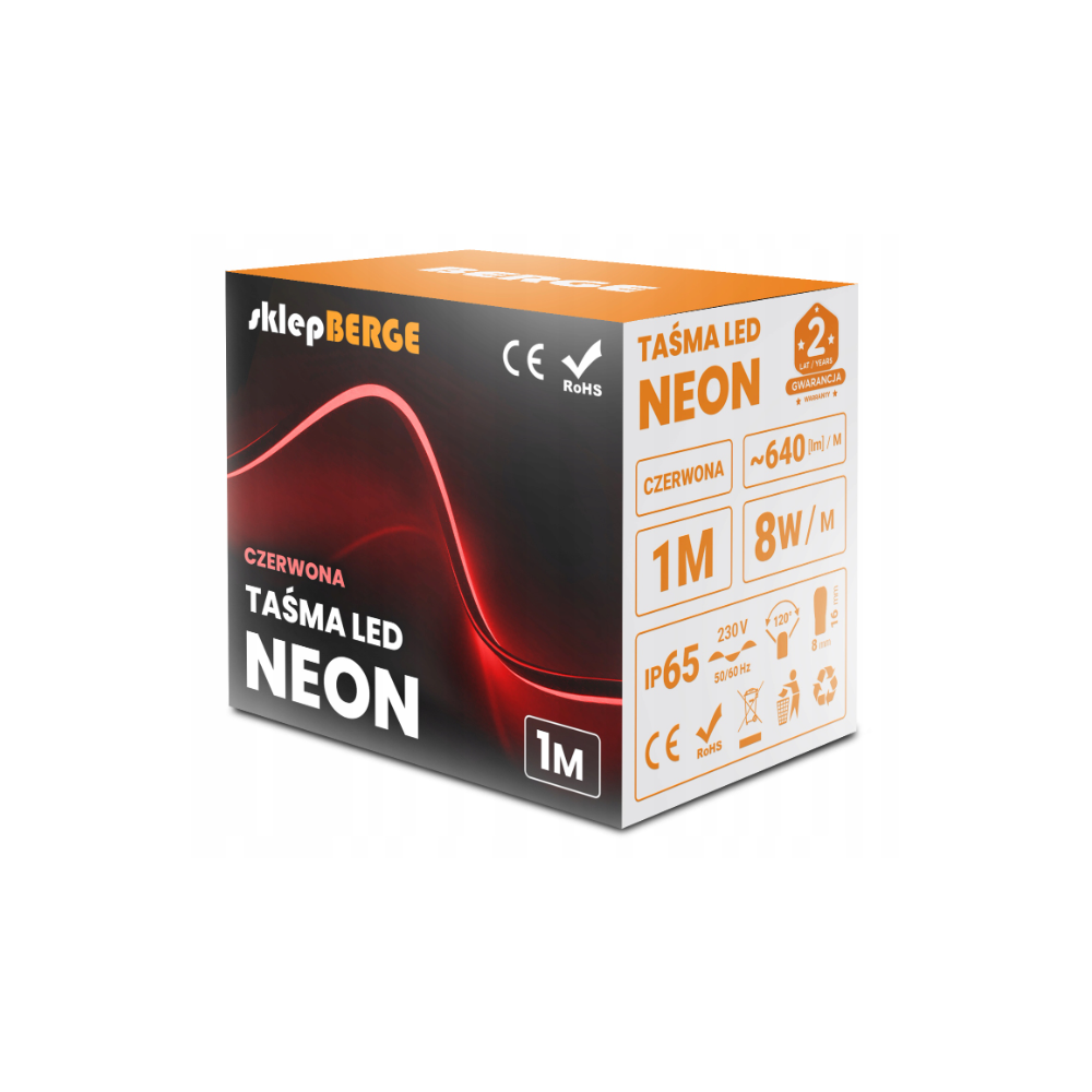 LED pásik NEON - 230V - 1m - 8W/m - IP68 - vodotesný - červený