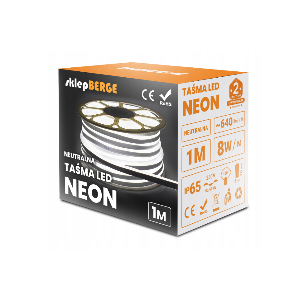 LED pásik NEON - 230V - 1m - 8W/m - IP68 - vodotesný - neutrálna biela