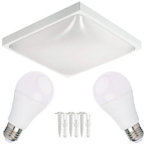 LED stropné svietidlo 2xE27 štvorcové biele + 2x E27 10W neutrálna biela žiarovka