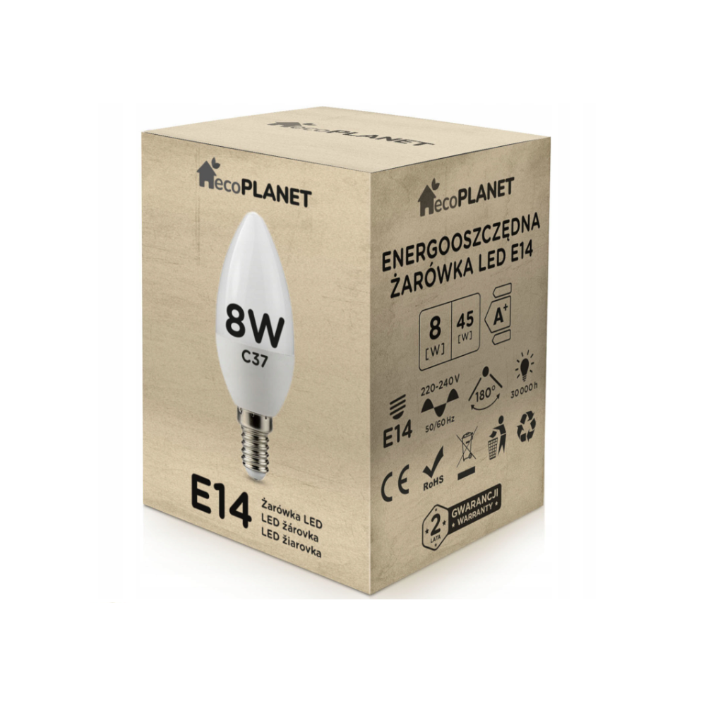 ecoPLANET - LED žiarovka - 8W - 700lm - 180° - 230V - Neutrálna Biela / 4000°K - E14 sviečka