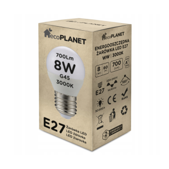 ecoPLANET - LED žiarovka - 8W - 700lm - 180° - 230V - Teplá Biela / 3000°K - G45 / E27