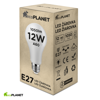 ecoPLANET - LED žiarovka - 12W - 1050lm - 270° - 230V - Studená Biela / 6000°K - E27