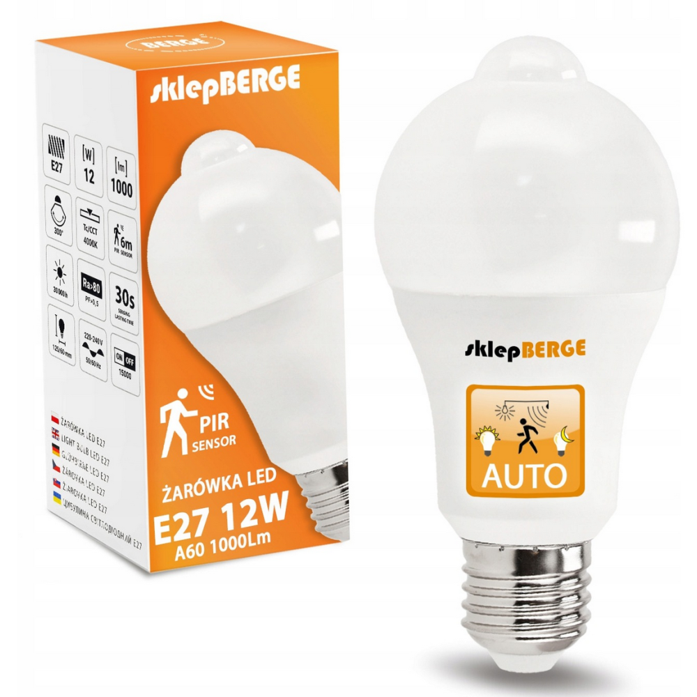 BERGE LED žiarovka E27 - 12W - NW - s pohybovým a súmrakovým senzorom