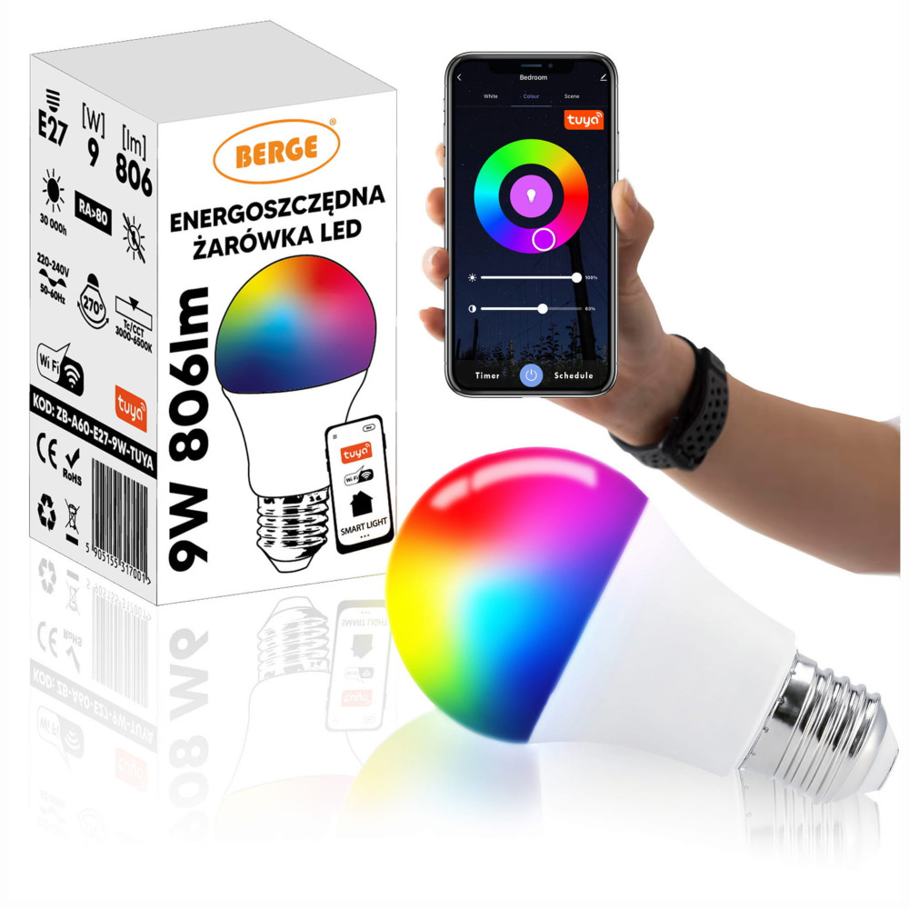 BERGE LED žiarovka E27 9W 806lm RGBW WiFi Tuya 220-240V