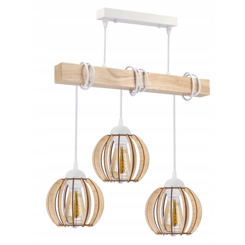 BERGE LED drevené závesné stropné svietidlo, biele, 3xE27, drevená guľa