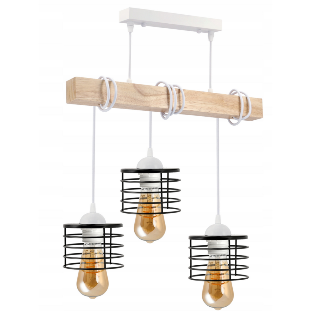 BERGE LED závesné stropné svietidlo, drevené, biele, 3xE27, loft pružina