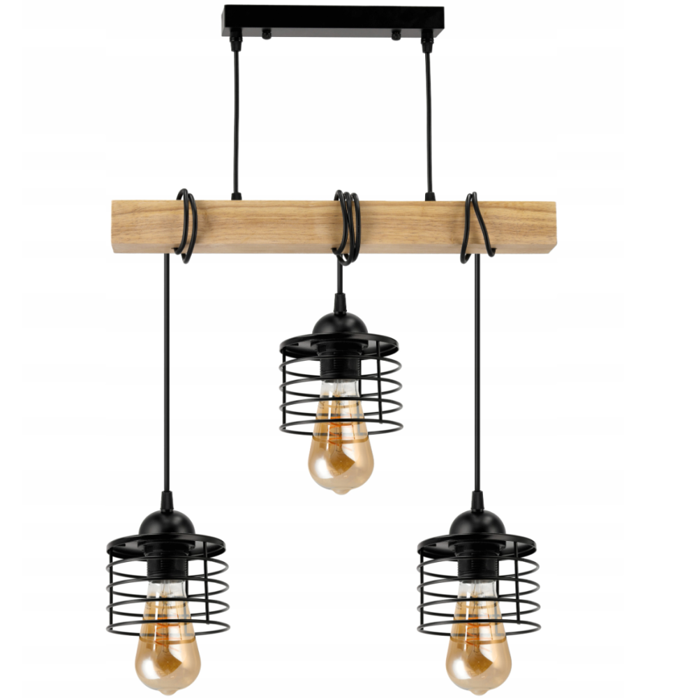 BERGE LED závesné stropné svietidlo, drevený trám, 3xE27, loft pružina