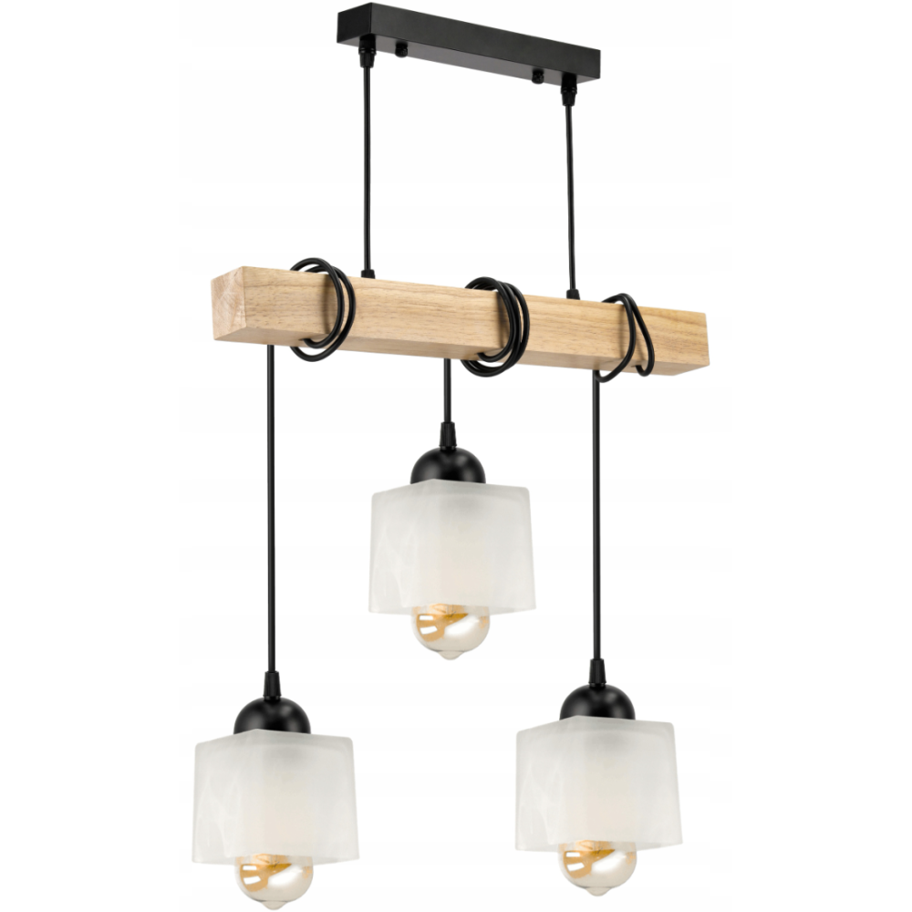 BERGE LED závesné stropné svietidlo, drevený trám, 3xE27, loft, mliečna kocka