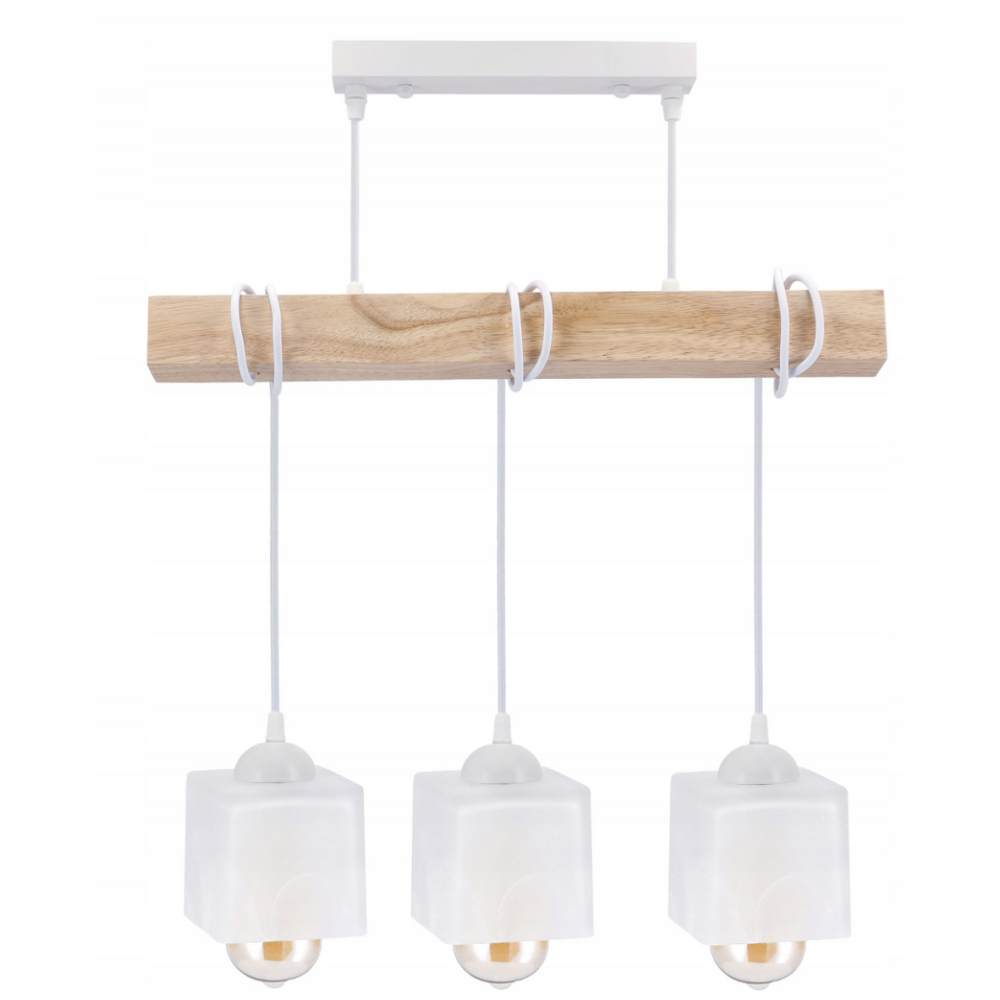 BERGE LED závesné stropné svietidlo, drevený trám, 3xE27, loft, mliečna kocka - biela