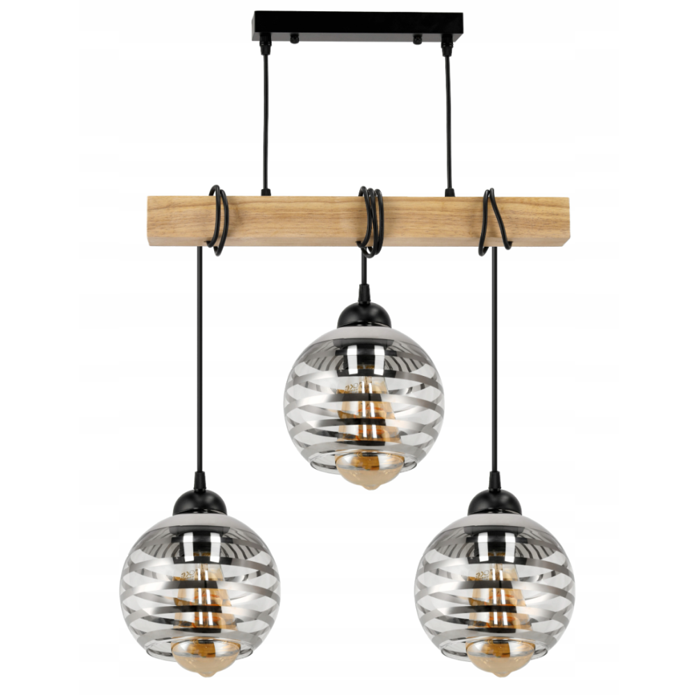 BERGE Závesné stropné svietidlo LED drevený trám 3xE27 loft sklenená guľa