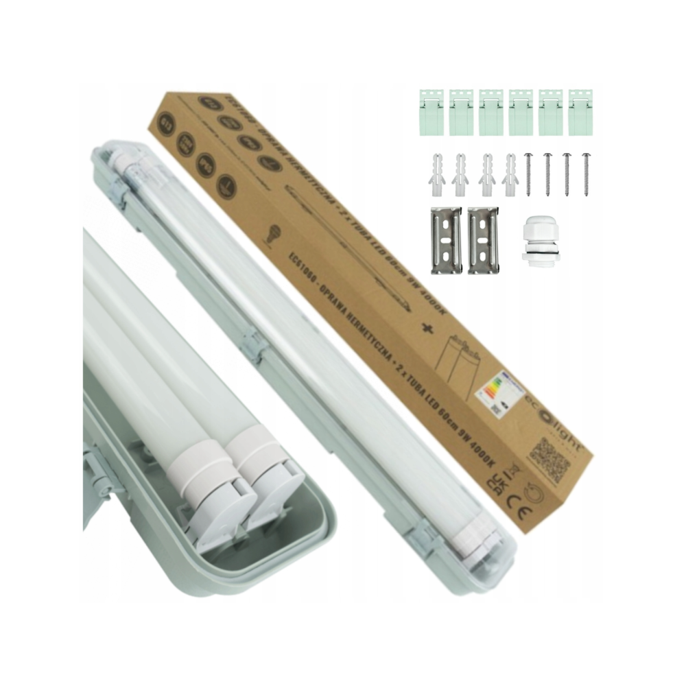 ECOLIGHT Hermetické svietidlo 60cm + 2x LED trubica neutrálna biela - SET