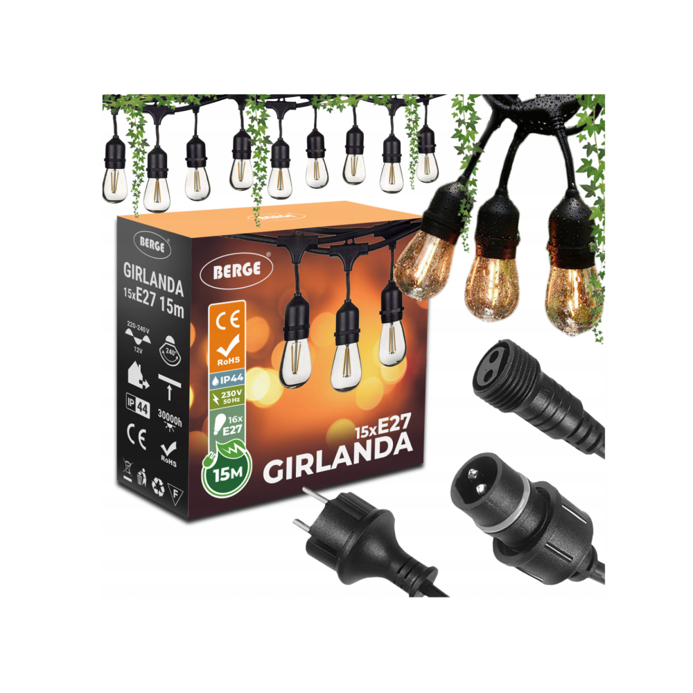 BERGE Záhradná girlanda 15m + 16x 1W LED žiarovka