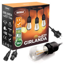 BERGE Záhradná girlanda 15m + 16x 1W LED žiarovka