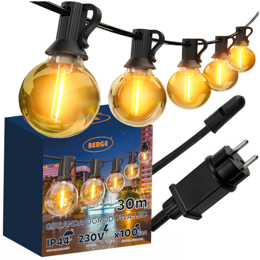 BERGE Záhradná girlanda 30m - 100x LED žiarovka G40 230V
