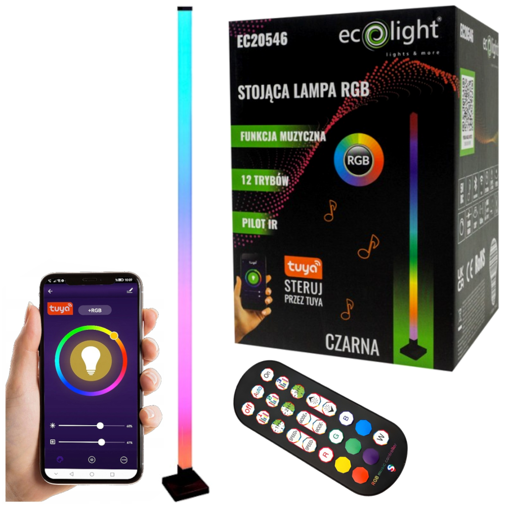 ecoLIGHT - LED stojacia lampa RGB - diaľkový ovládač / TUYA ovládanie / Sound active - čierna