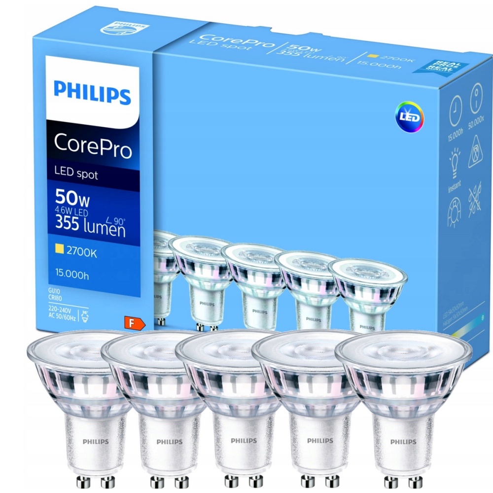 5x LED žiarovka Philips GU10 - 4,6 W - 355lm - 2700K