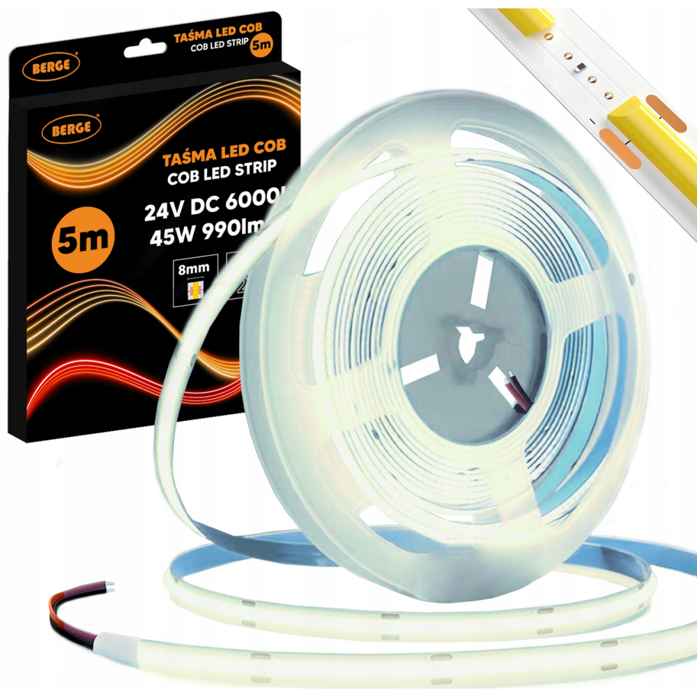 BERGE LED pásik COB Neon 24V - 480D - 9W/m - IP20 - 990lm - 5m - studená farba