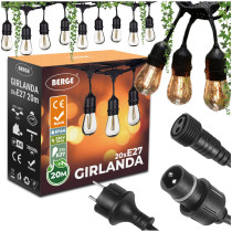 BERGE Záhradné svetlo Garland 20m +21x LED žiarovka 1W Vonkajšia vodeodolná