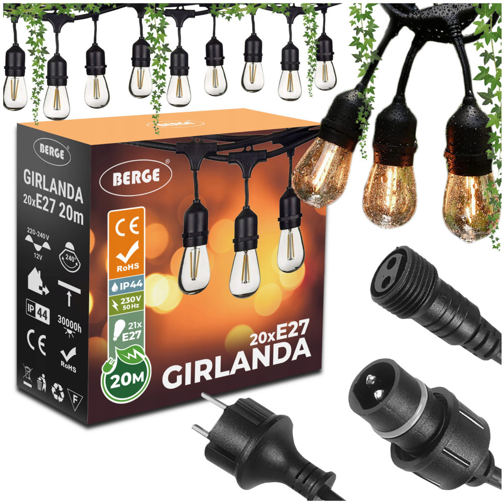 BERGE Záhradné svetlo Garland 20m +21x LED žiarovka 1W Vonkajšia vodeodolná