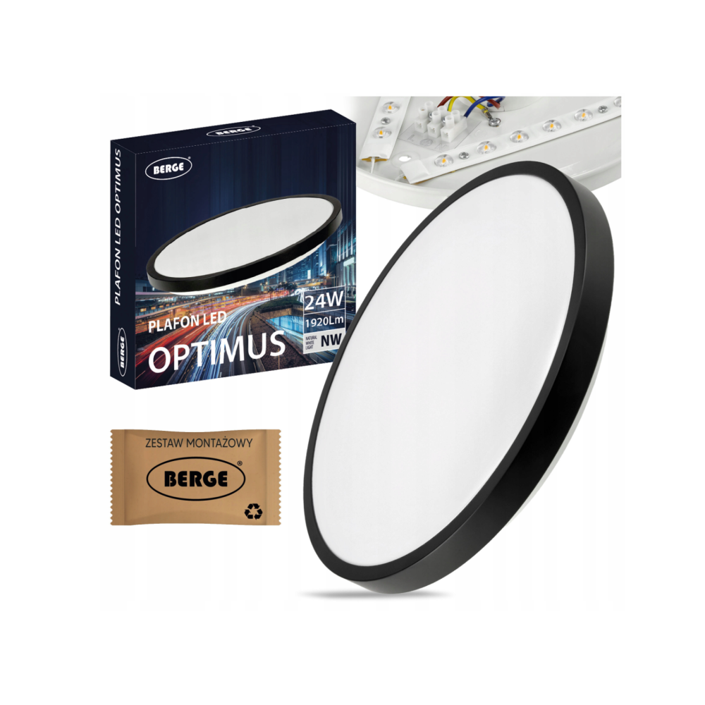 BERGE Stropný okrúhly LED panel - 24W - 1920lm - čierny - neutrálna biela