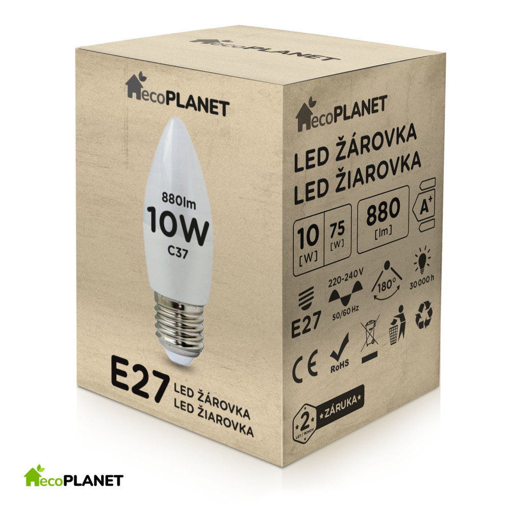 BERGE LED žiarovka - ecoPLANET - E27 - 10W - sviečka - 880Lm - teplá biela
