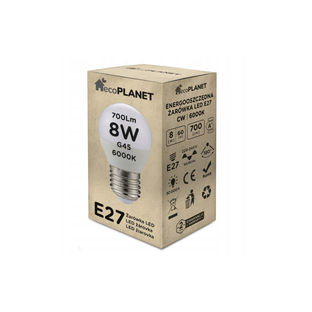 ecoPLANET LED žiarovka E27 - G45 - 8W - 700lm - studená biela
