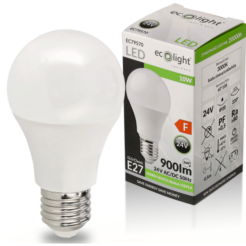 ECOLIGHT LED žiarovka E27 10W 24V - teplá biela