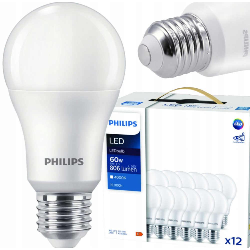 12x LED žiarovka Philips E27 - 8W - 806lm - 4000K