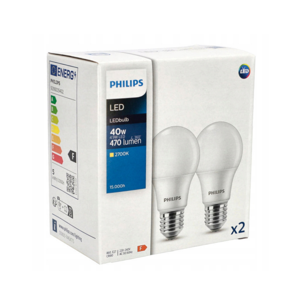 PHILIPS 2x LED žiarovka E27 - 4,9 W - 470lm - 2700K