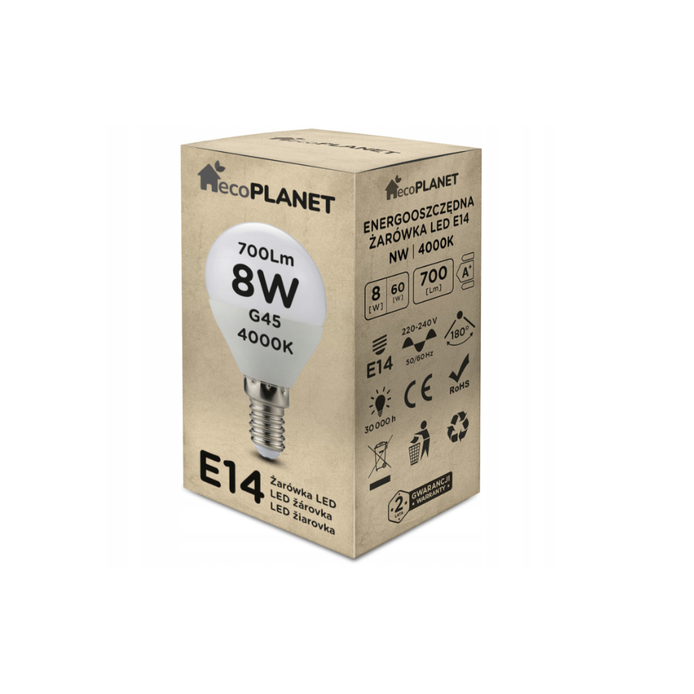 ecoPLANET LED žiarovka E14 - G45 - 8W - 700lm - neutrálna biela