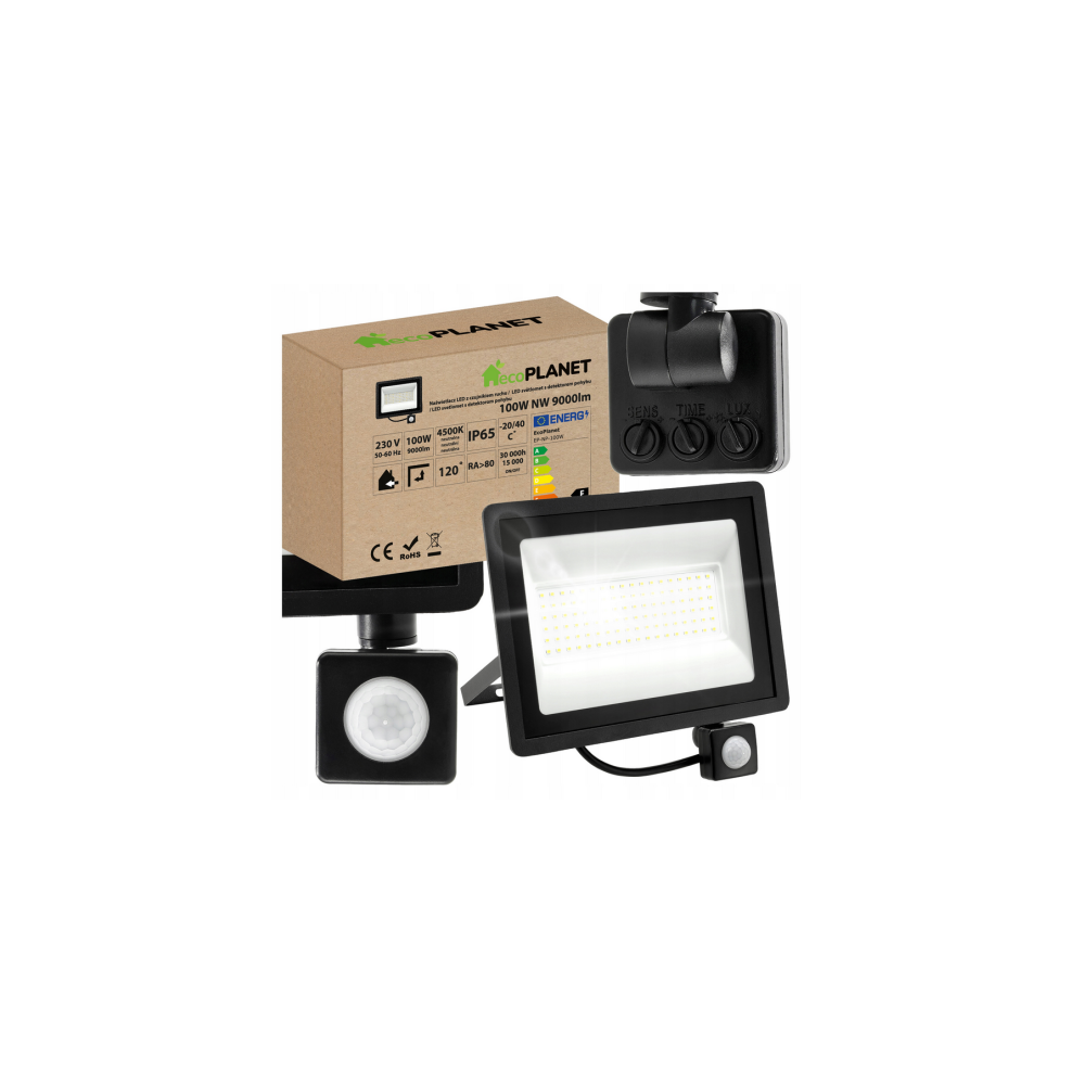 ecoPLANET LED reflektor 100W NW 4500K - 9000lm - so senzorom pohybu a súmraku IP65